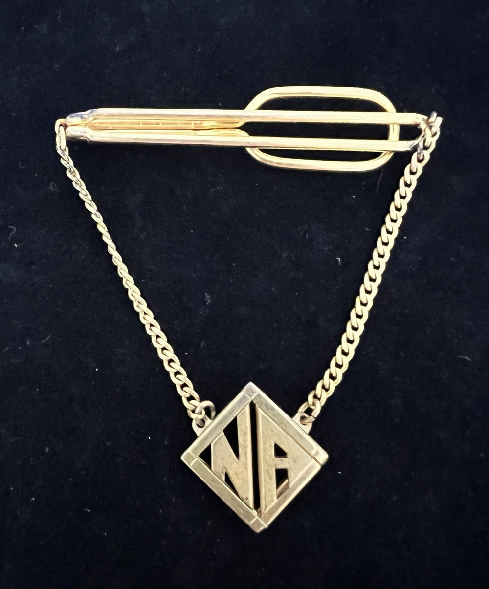 VTG 1940s Swank Tie Bar Drop Chain Monogramed Gold Plated Pat Pend. #1855985